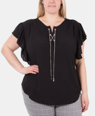 NY Collection - Plus Size Lace-Up Flutter-Sleeve Top