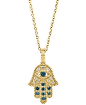 EFFY Collection - Blue & White Diamond Hamsa Hand 18" Pendant Necklace (1/5 ct. t.w.) in 14k Gold