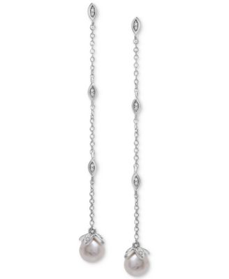 Macy's - Cultured Freshwater Pearl (6mm) & Diamond (1/10 ct. tw.) Linear Drop Earrings in Sterling Silver