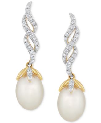 Honora - Cultured Freshwater Pearl (7 - 7-1/2mm) & Diamond (1/5 ct. t.w.) Twist Drop Earrings in 10k Gold