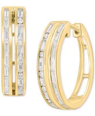 EFFY Collection - Diamond Baguette & Round Double Row Small Huggie Hoop Earrings (5/8 ct. t.w.) Earrings in 14k Gold, 0.75"