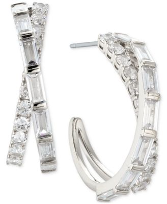 Eliot Danori - Silver-Tone Cubic Zirconia Small Crossover C-Hoop Earrings, 1", Created for Macy's
