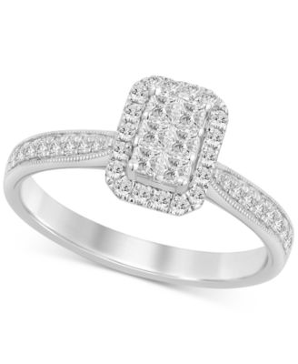 Macy's - Diamond Princess & Round Halo Cluster Engagement Ring (1/2 ct. t.w.) in 14k White Gold