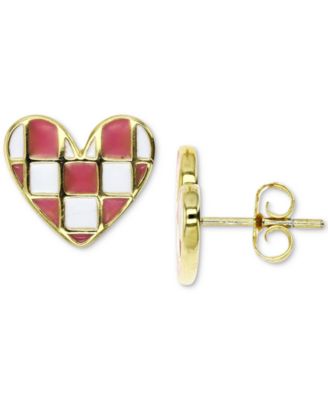 Macy's - Pink & White Enamel Checkerboard Heart Stud Earrings