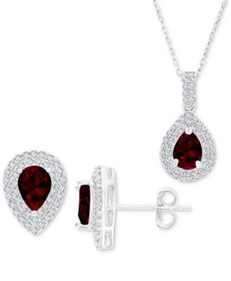 Macy's - 2-Pc. Set Garnet (3 ct. t.w.) & Lab-Grown White Sapphire (1 ct. t.w.) Teardrop Halo Pendant Necklace & Matching Stud Earrings in Sterling Silver