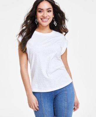 I.N.C. International Concepts - Petite Dew Drop Cotton Roll-Sleeve Tee