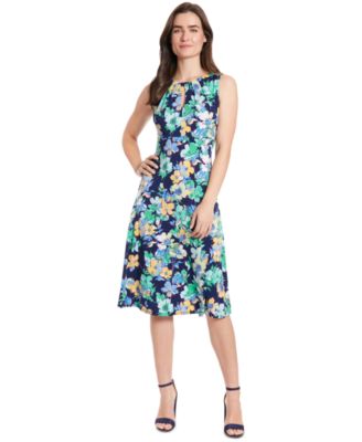 London Times - Petite Keyhole Pleat-Neck A-Line Dress
