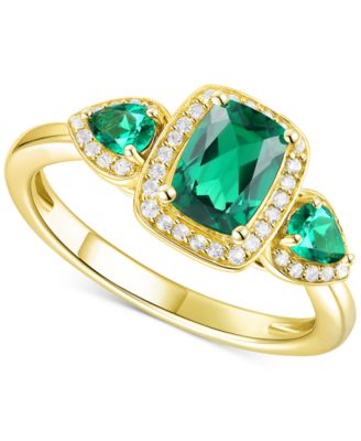 Macy's - Emerald (7/8 ct. t.w.) & Lab-Grown White Sapphire (1/6 ct. t.w.) Three Stone Halo Ring in 14k Gold-Plated Sterling Silver