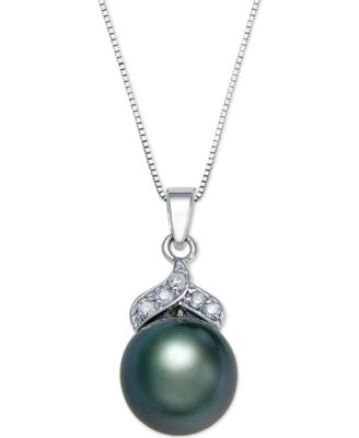 Macy's - Tahitian Pearl (9mm) and Diamond Accent Pendant Necklace in 14k White Gold
