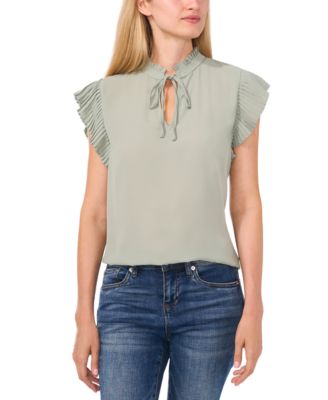 CeCe - Women's Pleated Flutter-Sleeve Tie-Neck Blouse