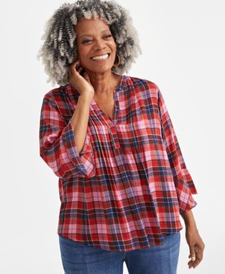 Style & Co - Plus Size Printed V-Neck Pintuck 3/4-Sleeve Top