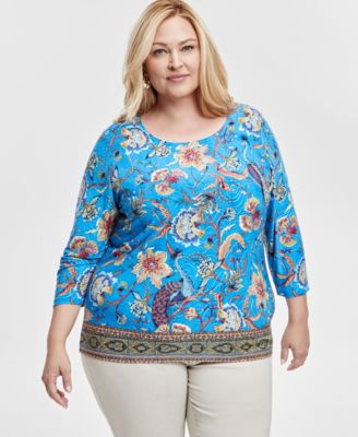 JM Collection - Plus Size Floral-Print Jacquard 3/4-Sleeve Top