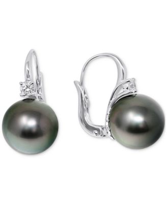 Macy's - Cultured Tahitian Pearl (11mm) & Diamond (1/5 ct. t.w.) Leverback Earrings in 14k White Gold