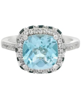Macy's - Swiss Blue Topaz (2-1/2 ct. t.w.), Black Sapphire (5/8 ct. t.w.) & White Topaz (1/5 ct. t.w.) Halo Ring in Sterling Silver