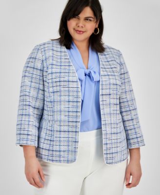 Kasper - Plus Size Tweed Piping-Trim Open-Front Blazer
