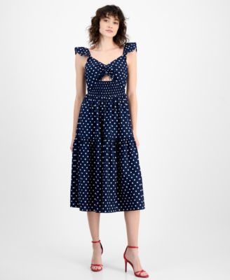 And Now This - Women's Dot-Print Cutout Smocked Midi Dress