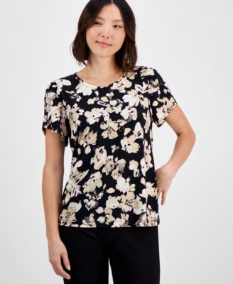 AK Anne Klein - Petite Gathered-Tulip Short-Sleeve Printed Top