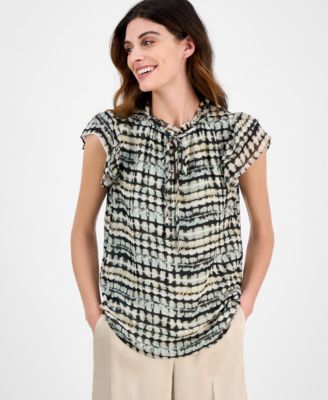 Anne Klein - Women's Abstract-Print Split-Neck Flutter-Sleeve Top