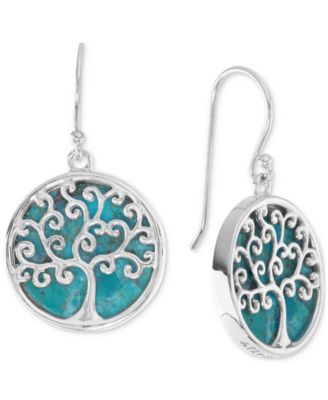 Macy's - Turquoise Inlay Polished Tree Disc Drop Earrings in Sterling Silver
