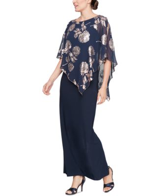 SL Fashions - Women's Foil-Cape-Overlay A-Line Dress