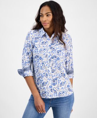 Tommy Hilfiger - Women's Paisley-Print Roll-Tab Cotton Shirt