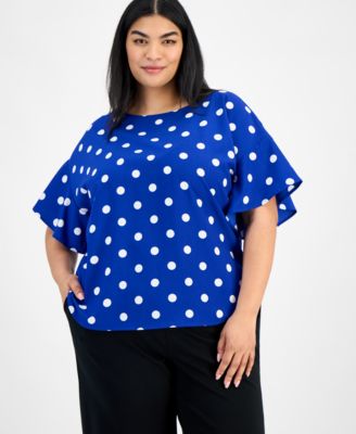 Anne Klein - Plus Size Printed Flutter-Sleeve Blouse