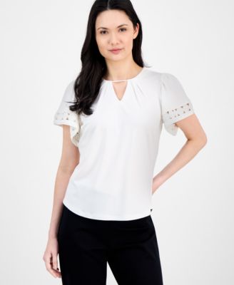 Anne Klein - Women's Harmony Keyhole-Neck Flutter-Sleeve Top