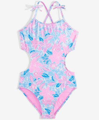 Breaking Waves - Big Girls Floral Cutout One-Piece Swimsuit
