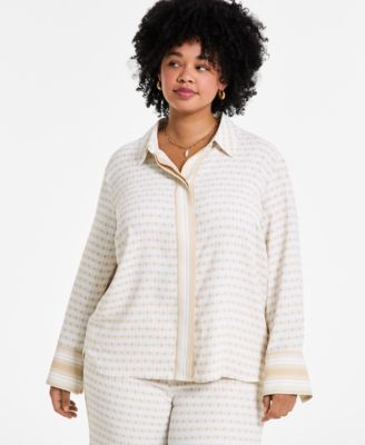 Vince Camuto - Plus Size Printed Collared Long-Sleeve Shirt