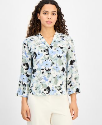 AK Anne Klein - Petite Printed 3/4-Sleeve Utility Blouse