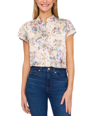 CeCe - Women's Printed Flutter-Sleeve Hidden-Placket Blouse