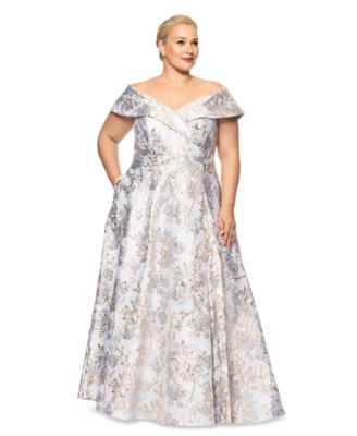 XSCAPE - Plus Size Off-The-Shoulder Brocade Ball Gown