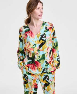 JM Collection - Women's Printed Satin V-Neck Long-Sleeve Top