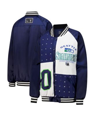 Gameday Couture - Women's College Navy/White Seattle Seahawks Oversized Hot Shot Rhinestone Throwback Full-Snap Varsity Bomber Jacket