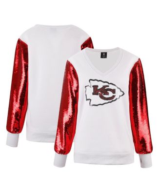 Cuce - Women's  White Kansas City Chiefs Sequin Sleeve V-Neck Pullover Sweatshirt