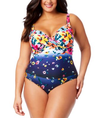 Anne Cole - Plus Size Floral-Print Draped-Front Underwire One-Piece Swimsuit