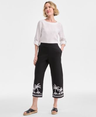 Charter Club - Petite Linen Contrast-Trim Cropped Pants