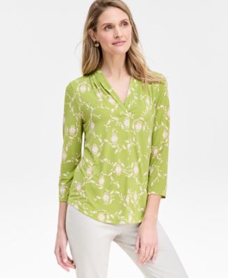 JM Collection - Women's Solid-Color V-Neck Pleat Top