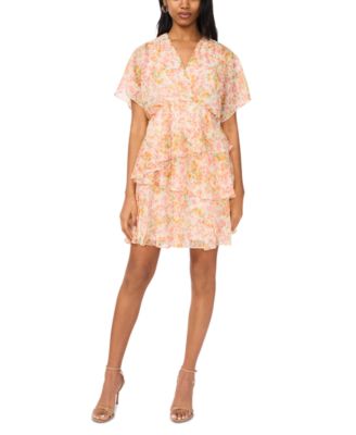 MSK - Women's Printed V-Neck Dolman-Sleeve Tiered Dress