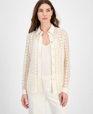 Anne Klein - Women's Cotton Long-Sleeve Crochet Shirt