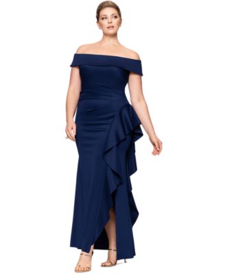XSCAPE - Plus Size Off-The-Shoulder Ruffle-Trim Scuba Gown