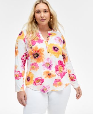 I.N.C. International Concepts - Plus Size Printed Split-Neck Top