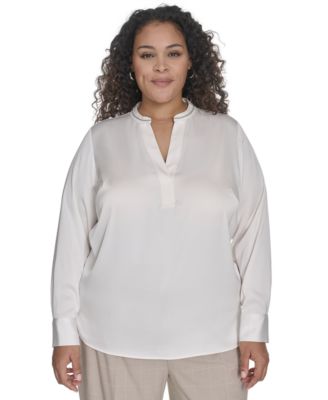 Calvin Klein - Plus Size Solid Charmeuse Split-Neck Blouse