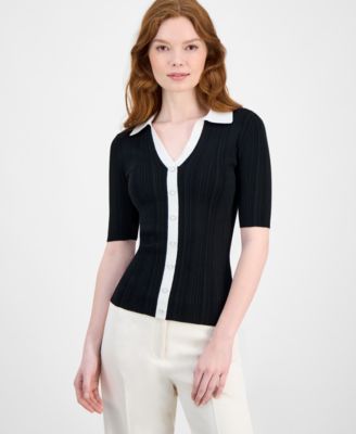 T Tahari - Women's Split-Neck Contrast-Trim Sweater