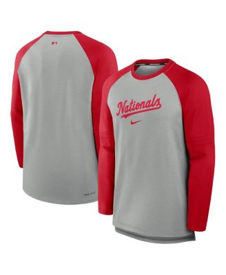 Nike - Men's Heather Gray/Red Washington Nationals Authentic Collection Game Time Raglan Performance Long Sleeve T-Shirt