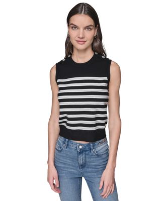 KARL LAGERFELD PARIS - Women's Striped Crystal-Button Sleeveless Sweater