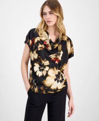 Anne Klein - Women's Floral-Print Cowlneck Short-Sleeve Blouse