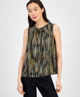 Anne Klein - Women's Printed Pleat-Neck Sleeveless Blouse