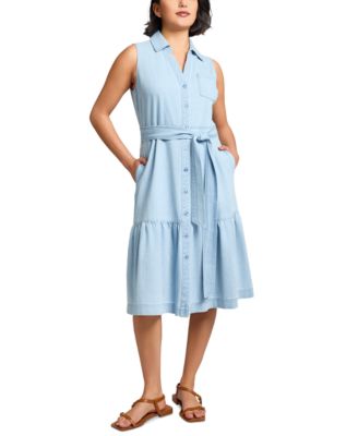 Jones New York - Women's Cotton Tie-Waist Sleeveless Shirtdress