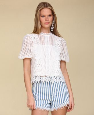 Avec Les Filles - Women's Lace Puff-Sleeve Top